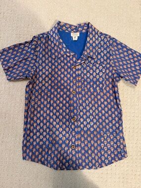 Pink Chicken Blue Short-Sleeve Button-Down Shirt with Orange Print